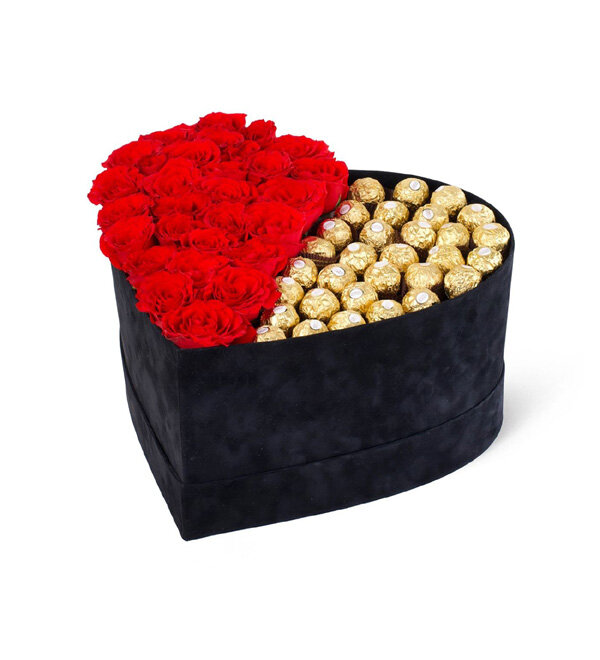 Tutkunun Kalbi Süet Kutuda Kırmızı Gül ve Ferrero Rocher