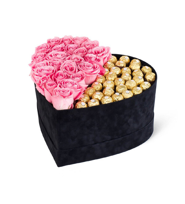 Pembe Aşk Kalbi Gül ve Ferrero Rocher Kutusu